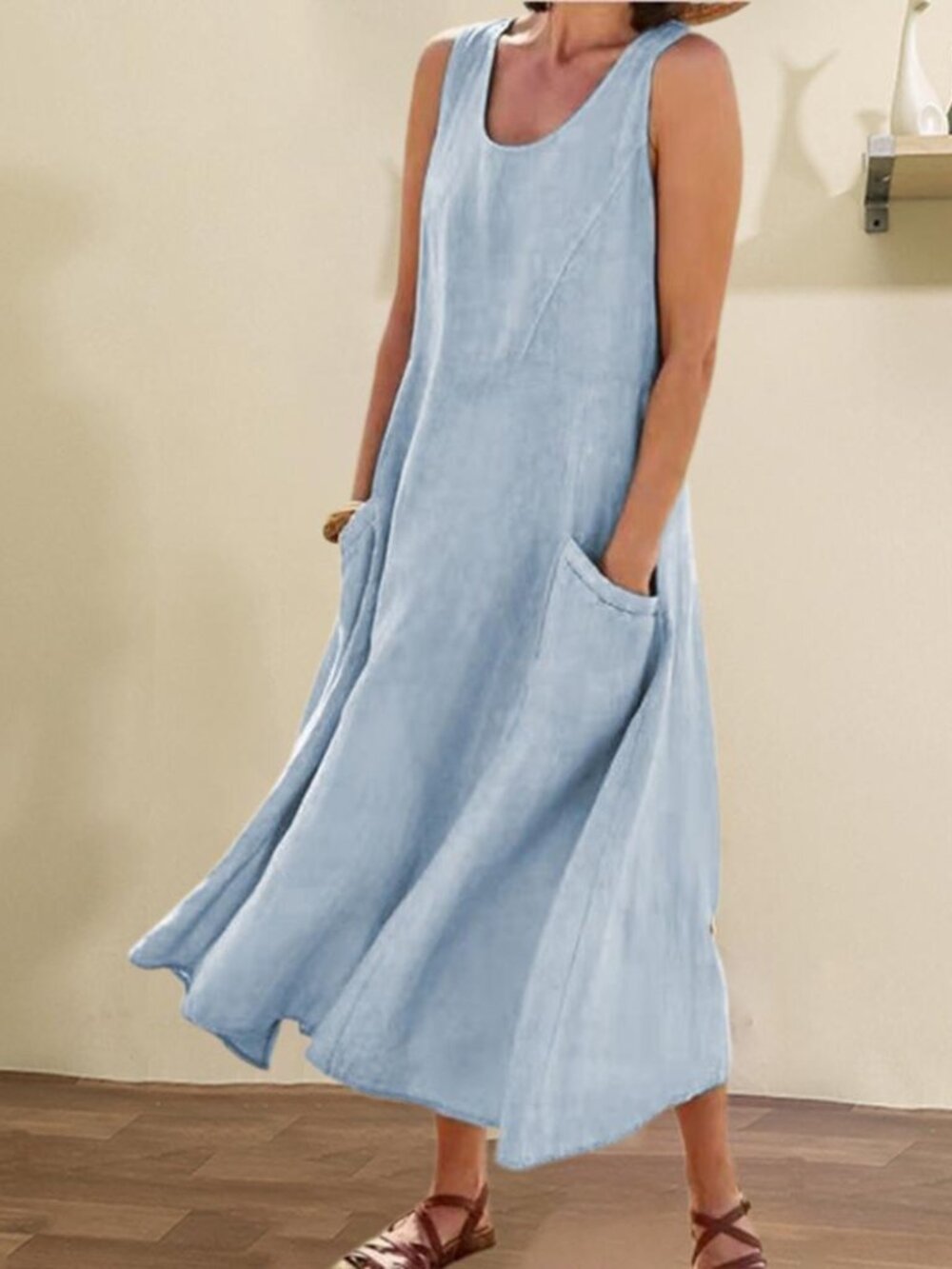 Women’s Light Blue Sleeveless A-Line Maxi Dress with Pockets